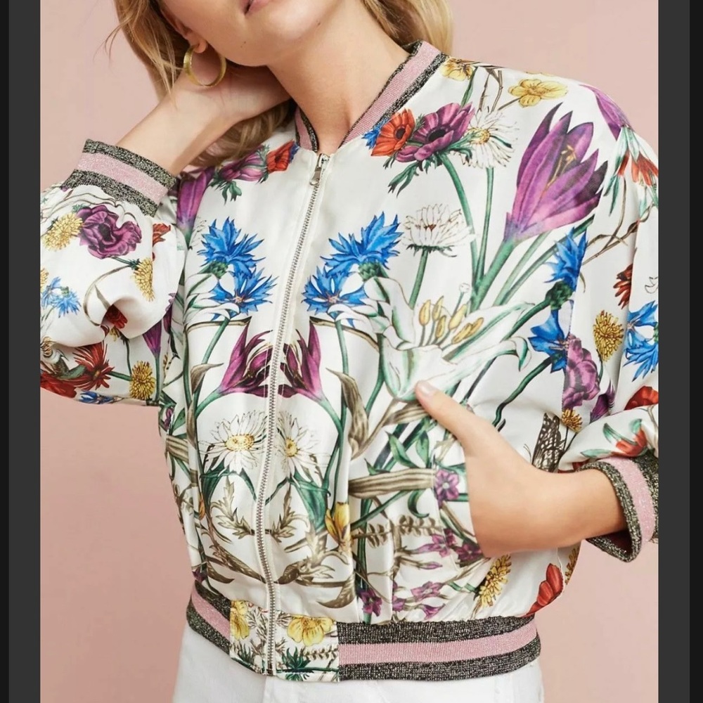 Anthropologie Elevenses floral bomber jacket